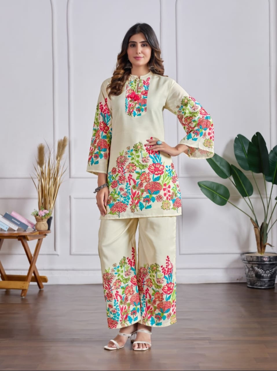 Elegant Cream Floral Embroidered Cotton Women Co-ord Set