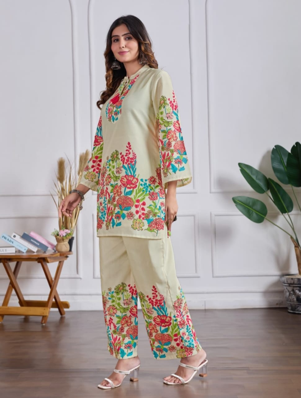 Elegant Cream Floral Embroidered Cotton Women Co-ord Set