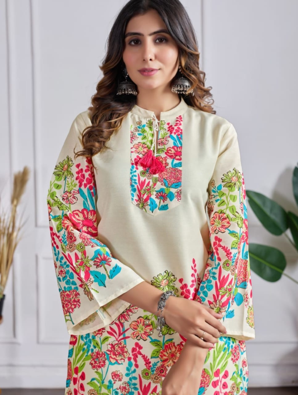 Elegant Cream Floral Embroidered Cotton Women Co-ord Set