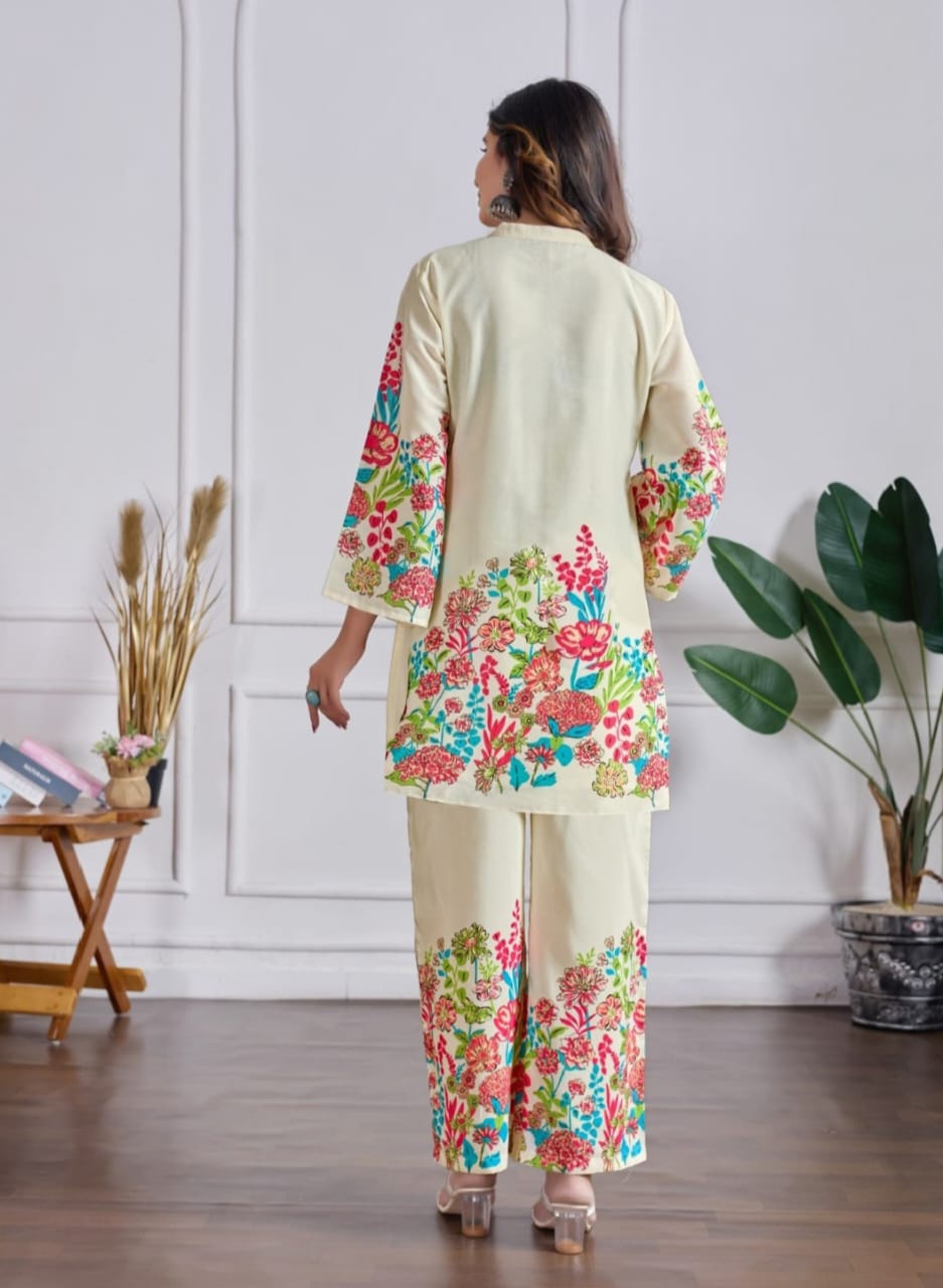 Elegant Cream Floral Embroidered Cotton Women Co-ord Set