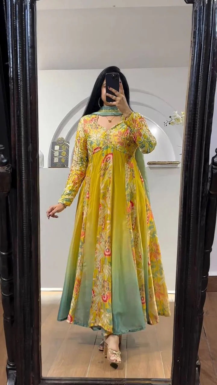 Digital Print With Hand Work Gown Yellow