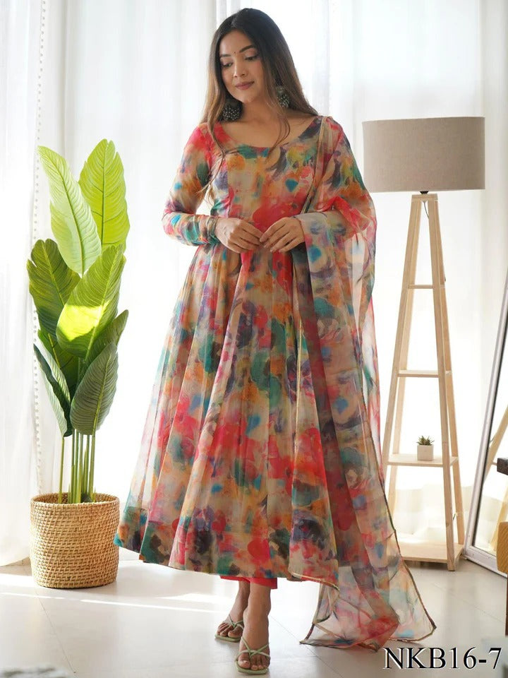 Best Seller Organza Silk Printed Anarkali Gown With Waist Belt Multicolor