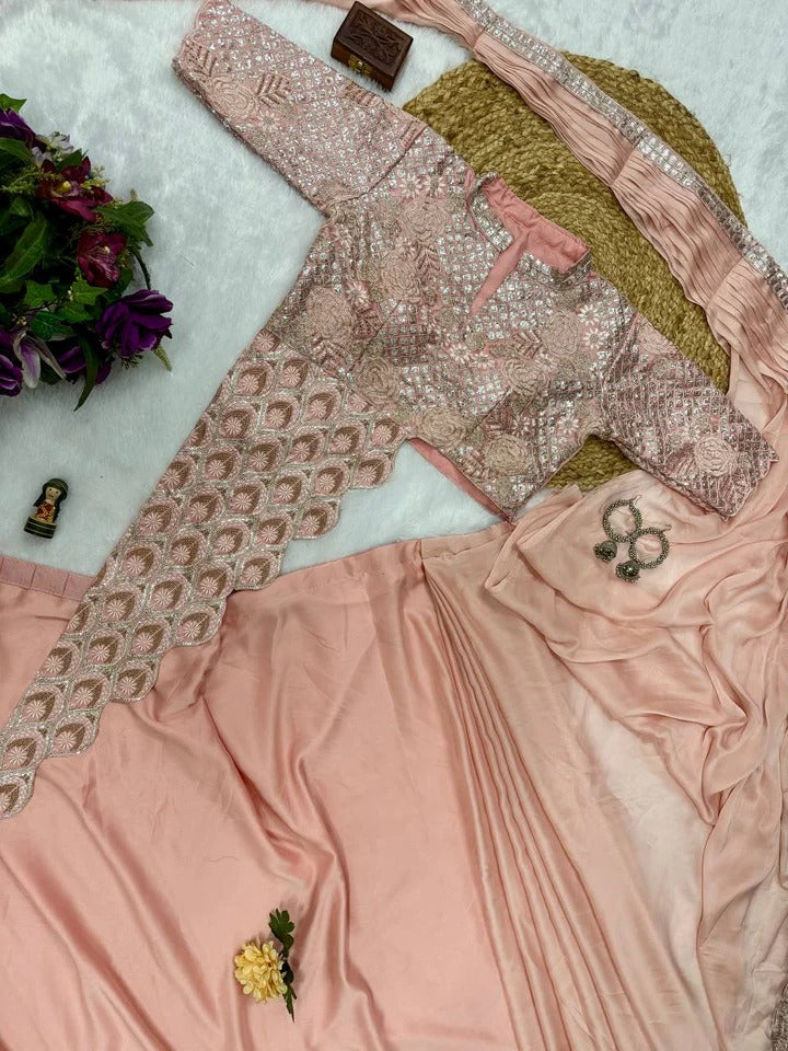 Chinon embroidery with lace border ready to wear saree - Tanazz collection