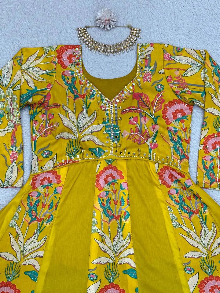 Digital Print With Hand Work Gown Yellow