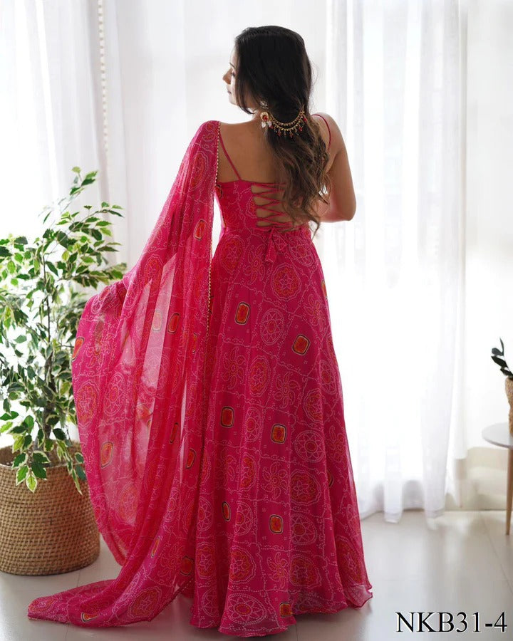 Designer Bhandhani Printed Gown Red