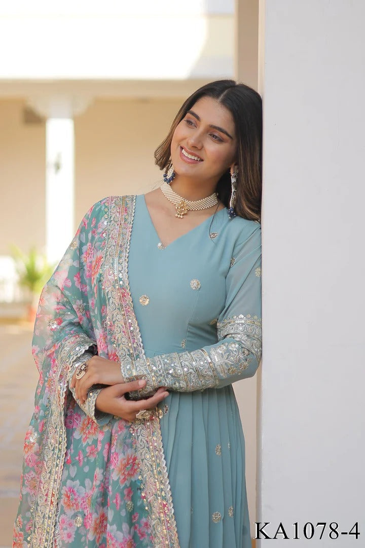 Designer Embroidery Zari Sequence Work Gown Sky