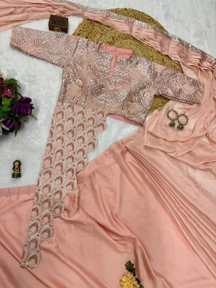 Chinon embroidery with lace border ready to wear saree - Tanazz collection