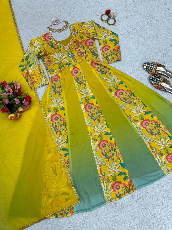 Digital Print With Hand Work Gown Yellow