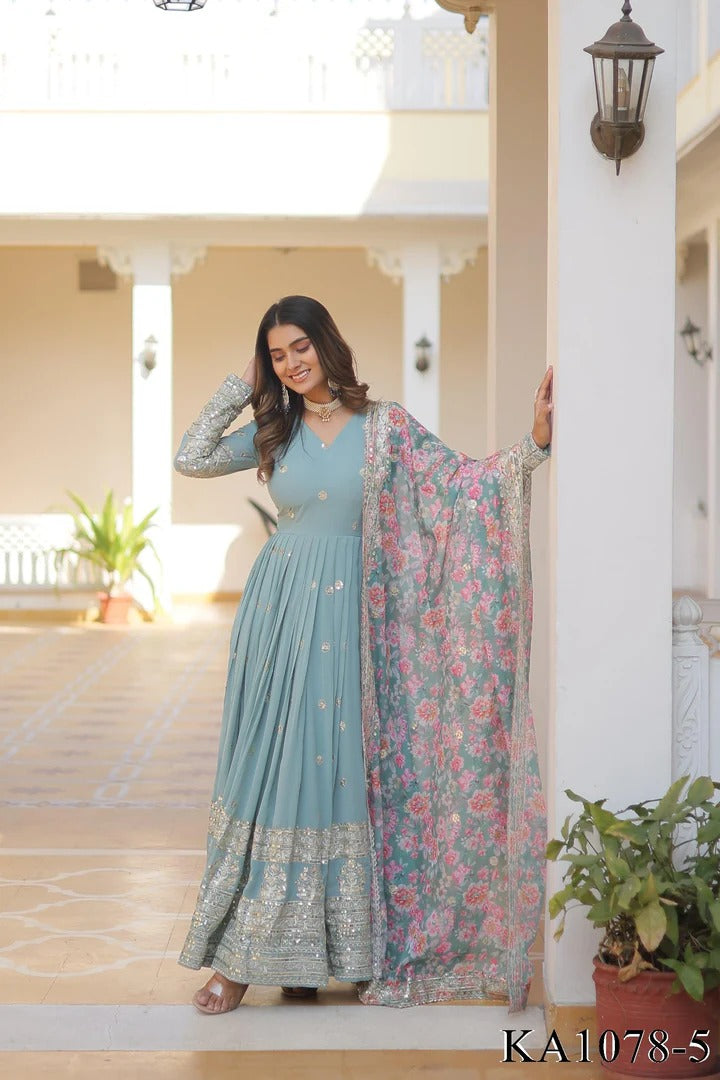 Designer Embroidery Zari Sequence Work Gown Sky