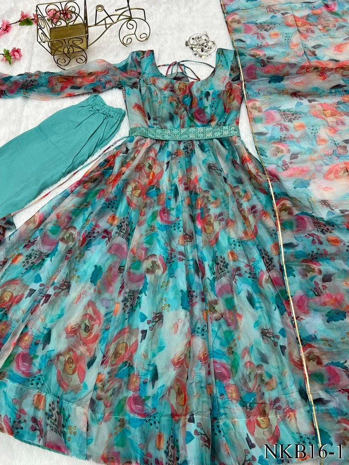 Best Seller Organza Silk Printed Anarkali Gown With Waist Belt Blue