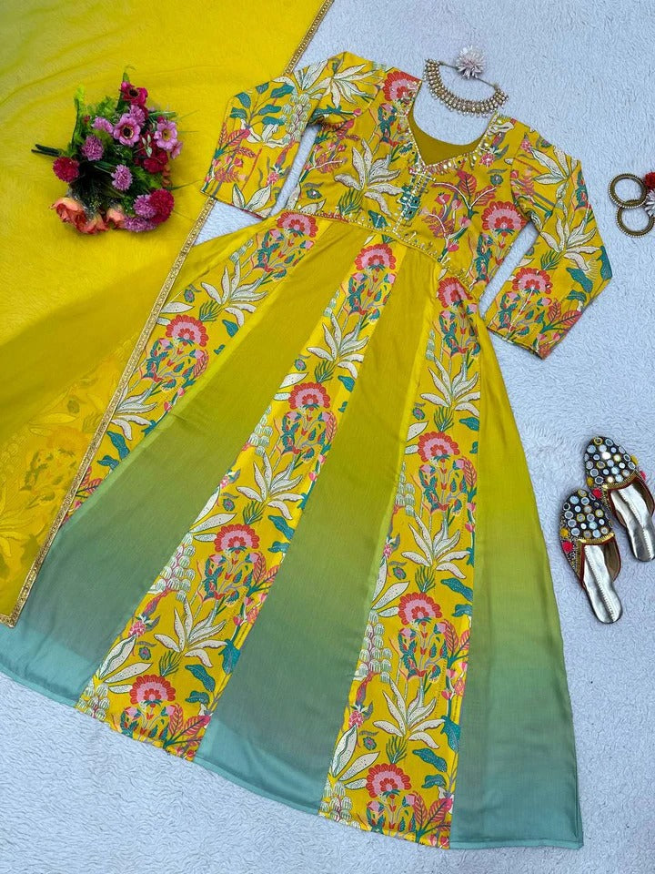 Digital Print With Hand Work Gown Yellow