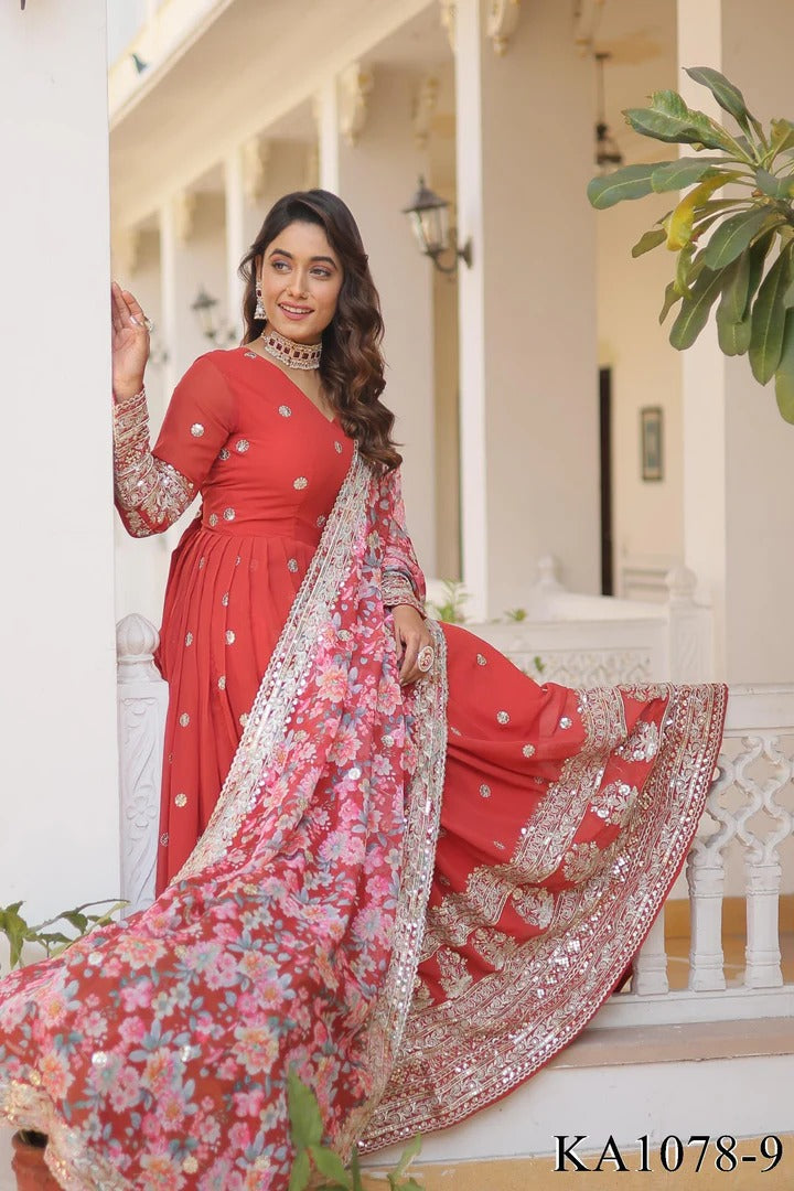 Designer Embroidery Zari Sequence Work Gown Red