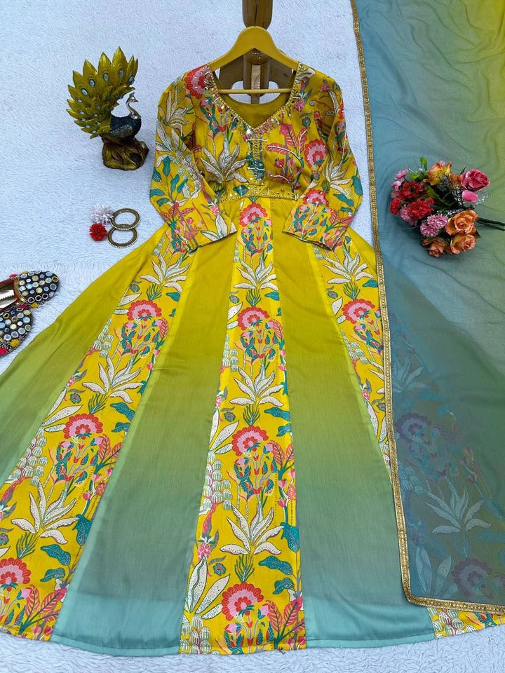 Digital Print With Hand Work Gown Yellow