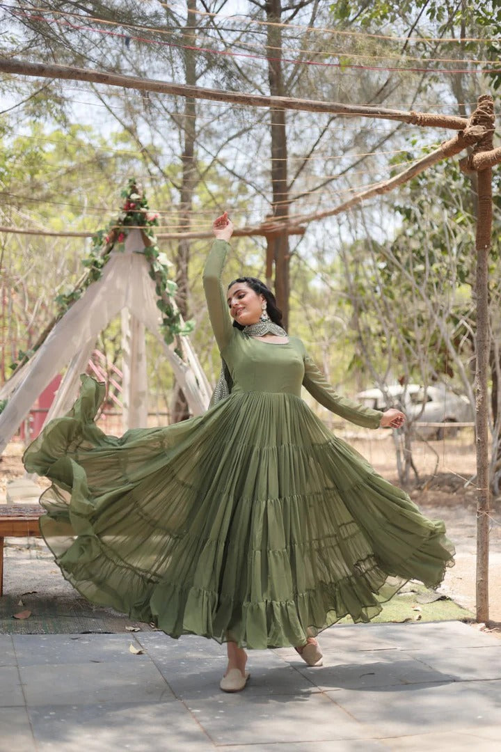 15 MTR Flair Georgette Ruffle Work Full Stitch Gown With Sequence Work Dupatta Green
