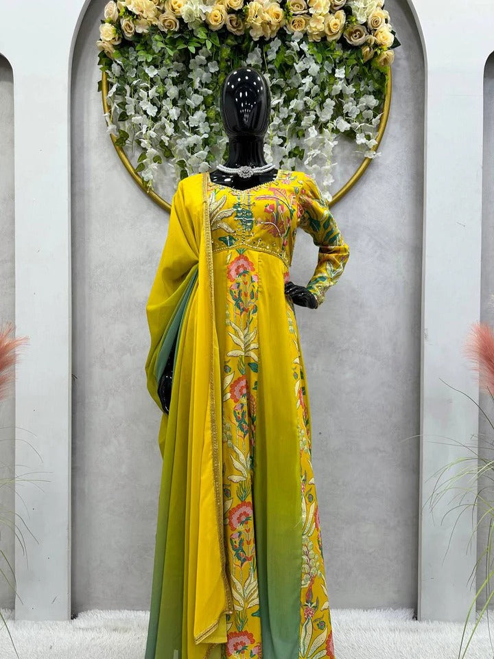 Digital Print With Hand Work Gown Yellow