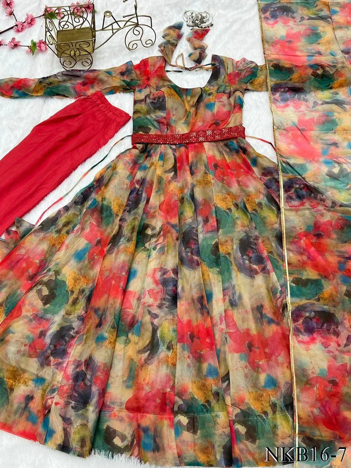Best Seller Organza Silk Printed Anarkali Gown With Waist Belt Multicolor