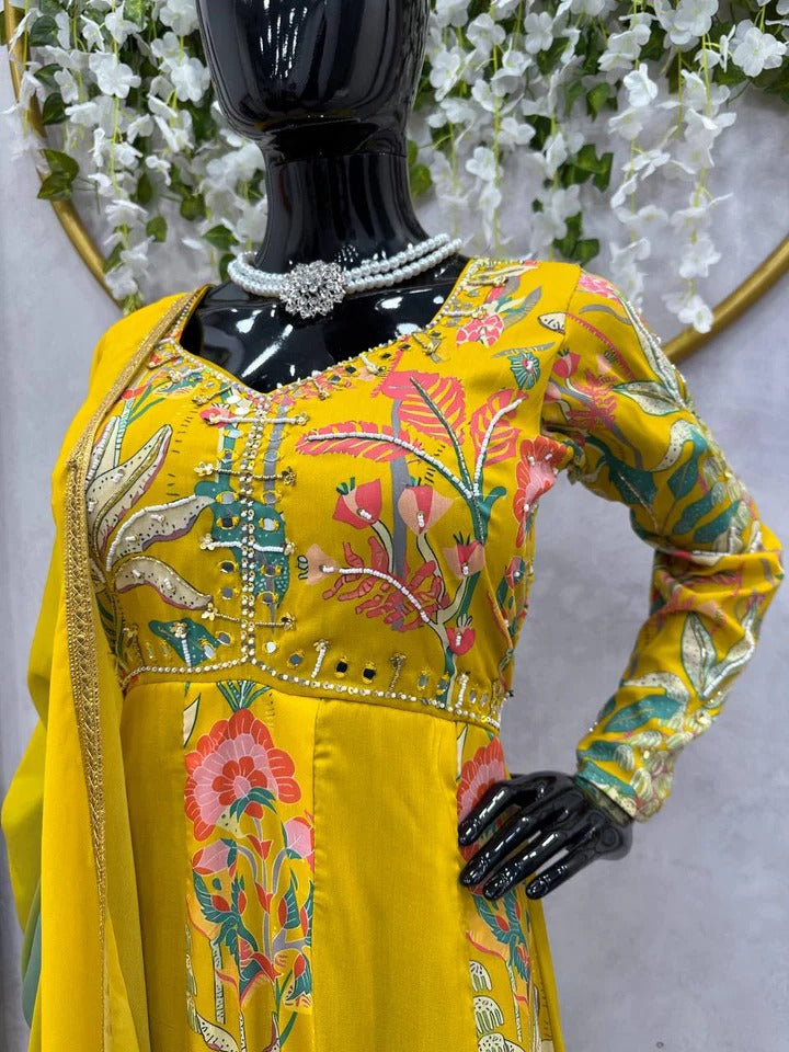 Digital Print With Hand Work Gown Yellow