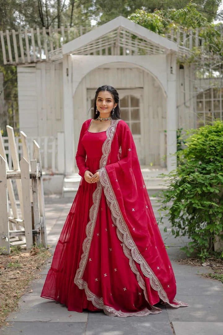 15 MTR Flair Georgette Ruffle Work Full Stitch Gown With Sequence Work Dupatta Red