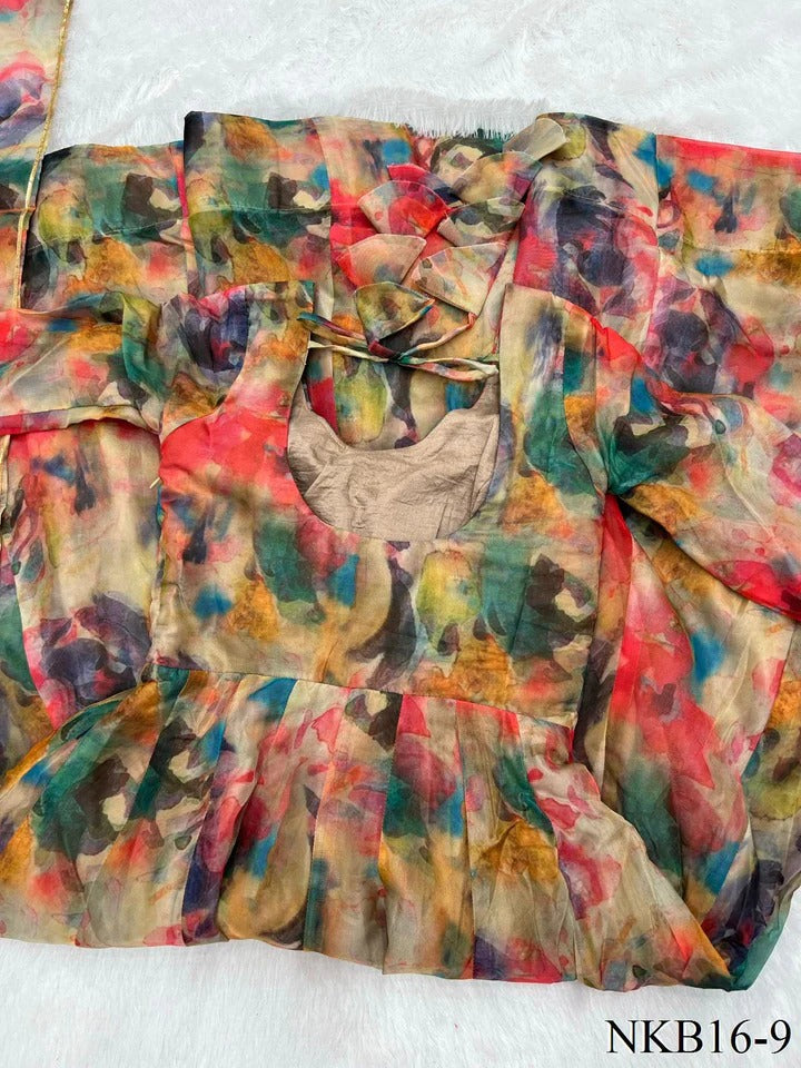 Best Seller Organza Silk Printed Anarkali Gown With Waist Belt Multicolor