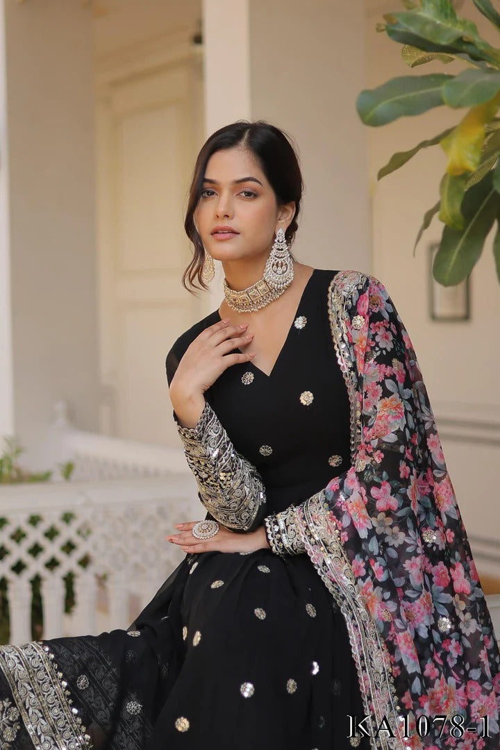 Designer Embroidery Zari Sequence Work Gown Black