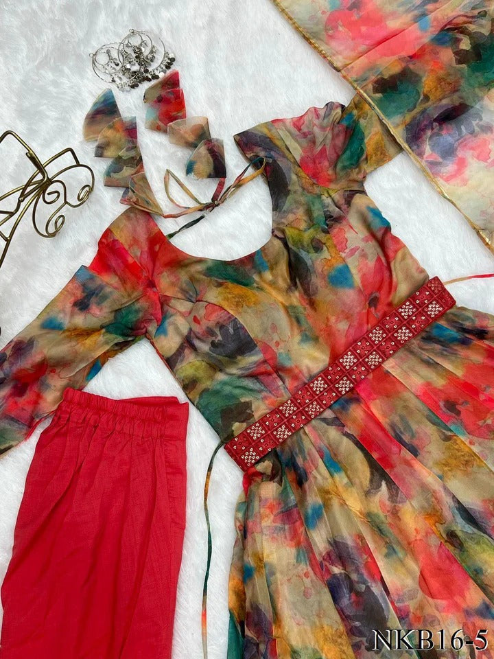 Best Seller Organza Silk Printed Anarkali Gown With Waist Belt Multicolor