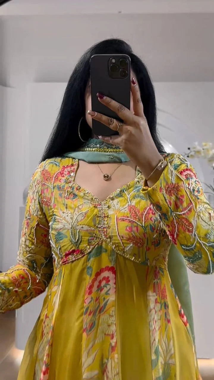 Digital Print With Hand Work Gown Yellow