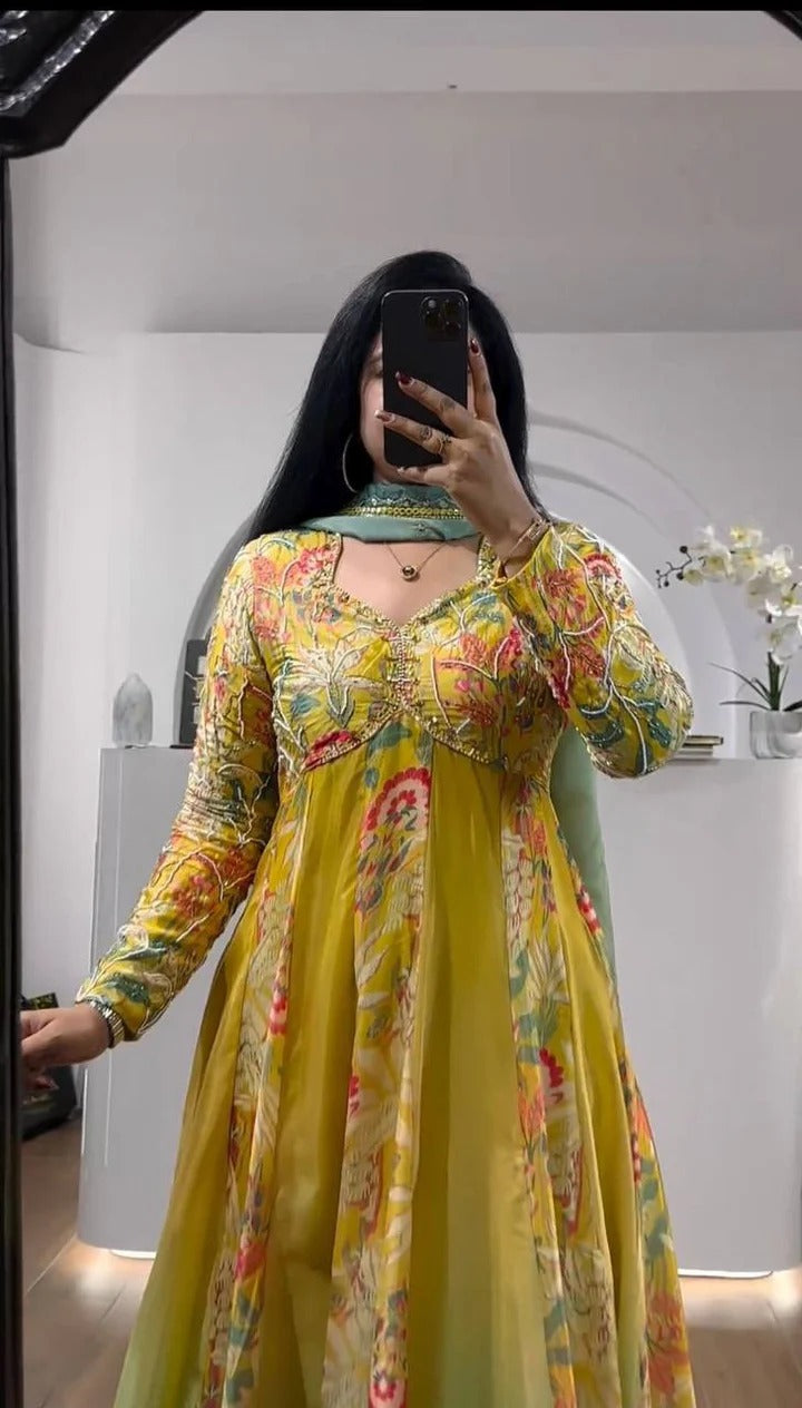 Digital Print With Hand Work Gown Yellow