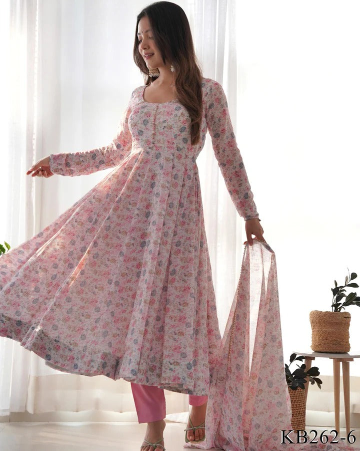 Elegant Designer Printed Gown Pink